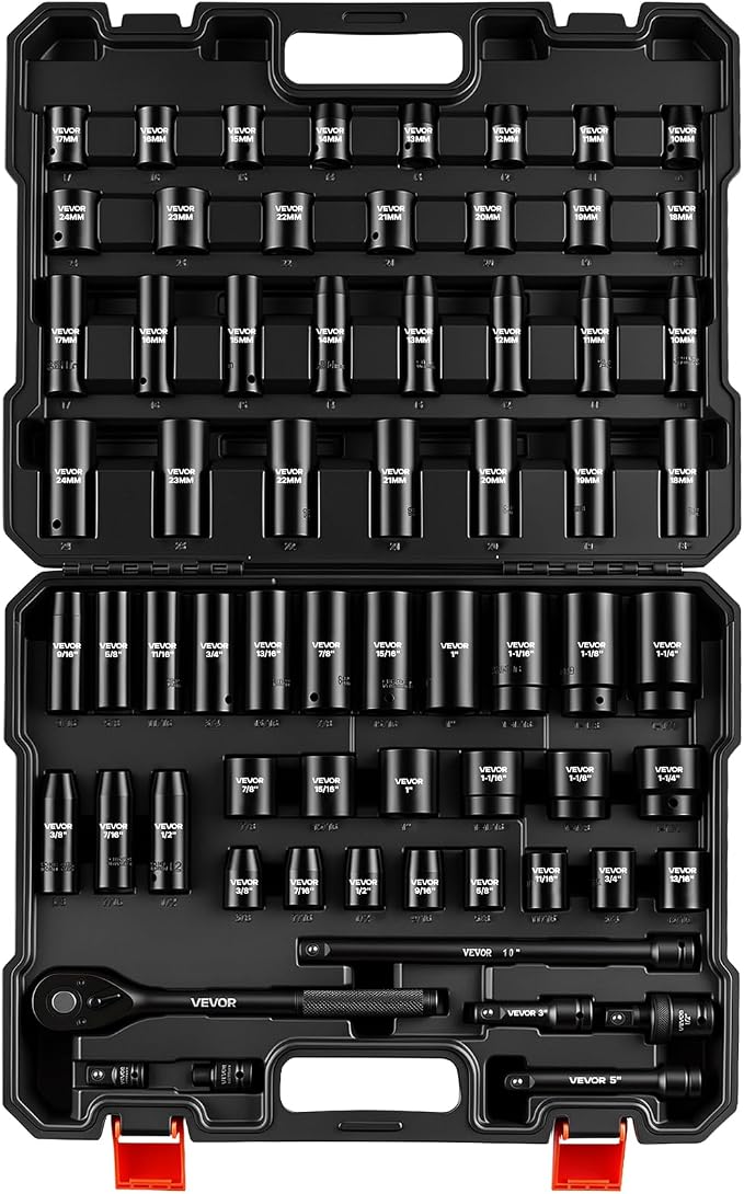 VEVOR 1/2" Drive Impact Socket Set, 65 Piece Socket Set SAE 3/8" to 1-1/4" and Metric 10-24mm, 6 Point Cr-V Alloy Steel for Auto Repair, Rugged Construction, Easy-to-Read Size Markings, Storage Case