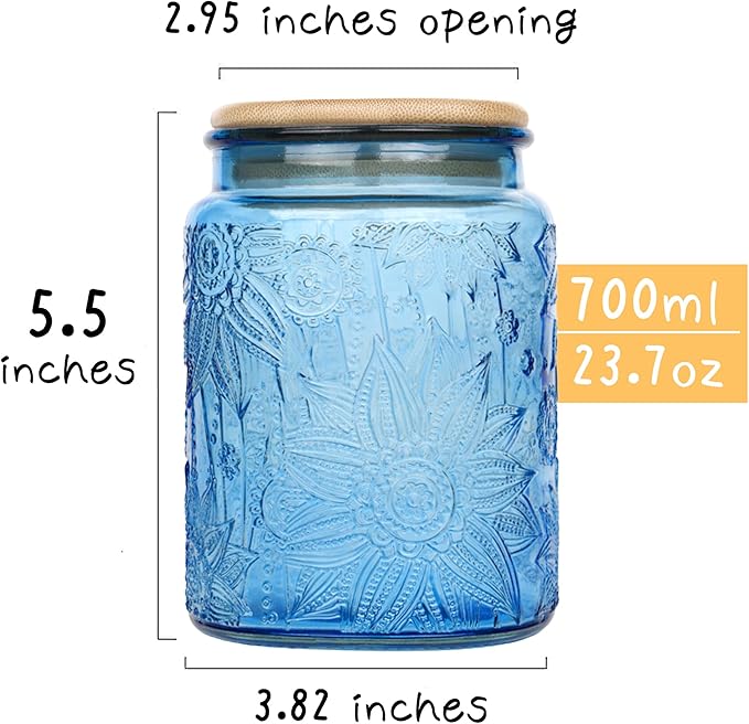 Custde Glass Storage Jars With Airtight Lid, 23.7oz Canister For Kitchen Counter with Bamboo Lid, brown sugar, candy, coffee, cookie, salt, tea,pantry cute Jar (Blue 2-Pack, 23.7 fl oz)