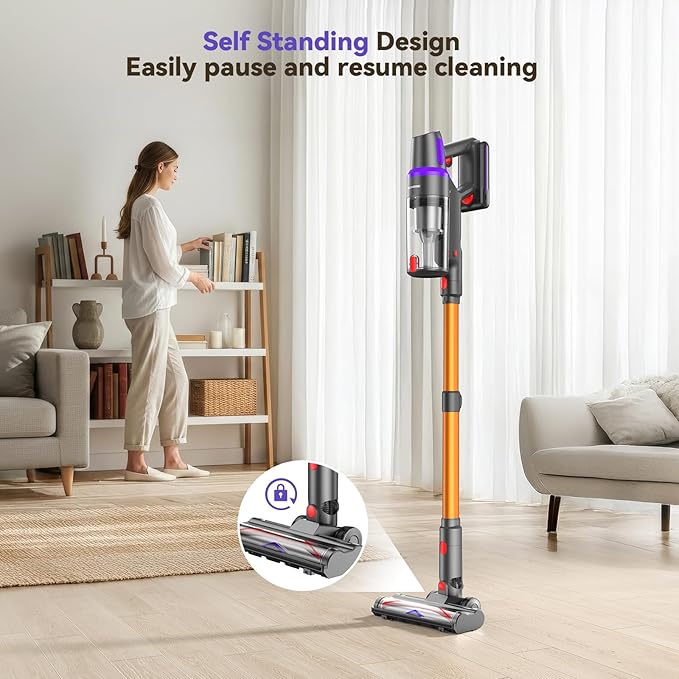 TechRise Cordless Vacuum Cleaner for Home, 550W 45KPa for Pet Hair & Floors | 60 Min Runtime, HEPA Filter, Self-Standing Design, Anti-Tangle Brush & LED Light for Carpets and Hard Floor Cleaning