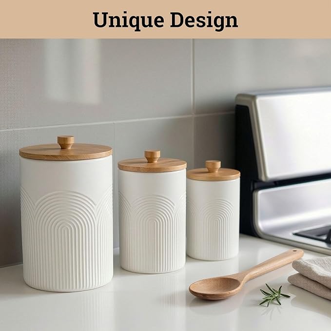Ceramic Kitchen Canisters for Countertop Set of 3 with Airtight Bamboo Lids - White Kitchen Canisters with Airtight Lids - Flour Sugar Canister Set - Flour and Sugar Containers Farmhouse - Coffee Jar