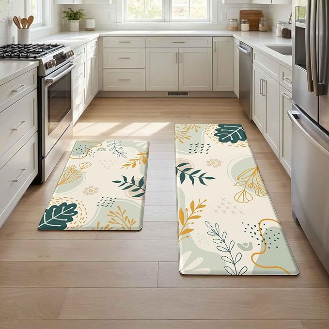 Boho Kitchen Rug Mats for Floor Cushioned Anti Fatigue Green Kitchen Rugs Sets of 2 Botanical Non Slip Waterproof Comfort Memory Foam Standing Floor Mat for Office Laundry Sink Desk