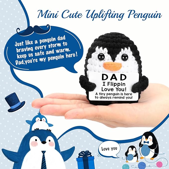 CryCarrot Dad Gifts from Daughter Son Birthday Fathers Day, Handmade Crochet Penguin Dad Birthday Gifts, Mini Funny I Love You Gift for Dads Bonus Step Father Mens Father's Day Christmas Cute Decor