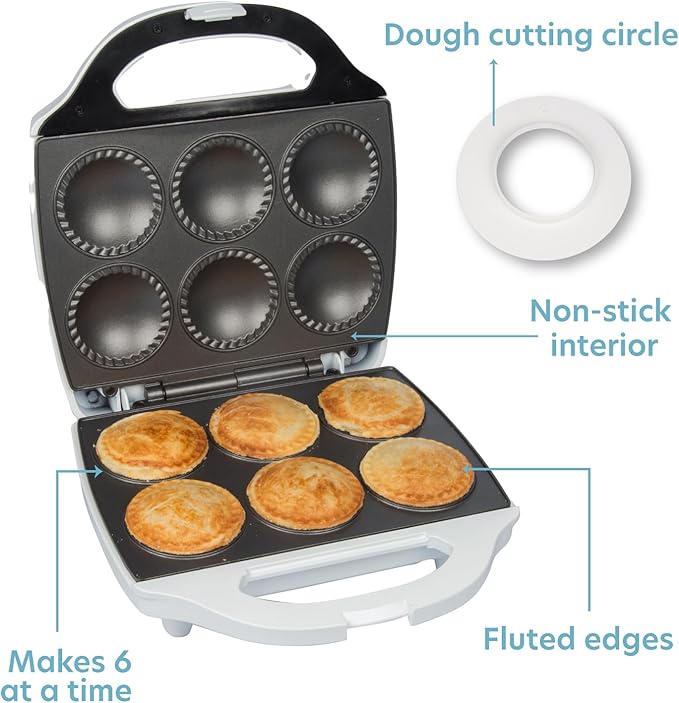 Mini Pie & Quiche Maker- Electric Baker Cooks 6 Small Quiches or Pies in Minutes- Dough Cutting Circle Easy Measurement- Better than Tin Pans- Baking Dessert Gift for Her, Summer Brunch Must Have