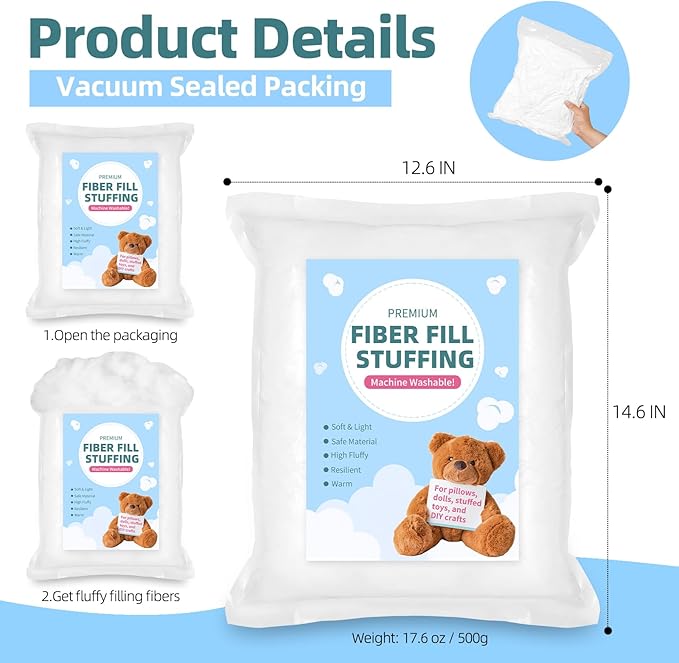 Fiberfill Stuffing for Crochet Animals, Crafts, Cushion and Clouds, Premium Quality Fiber Fill Pillow Stuffing Machine Washable Ployester. 500g/1.1lb
