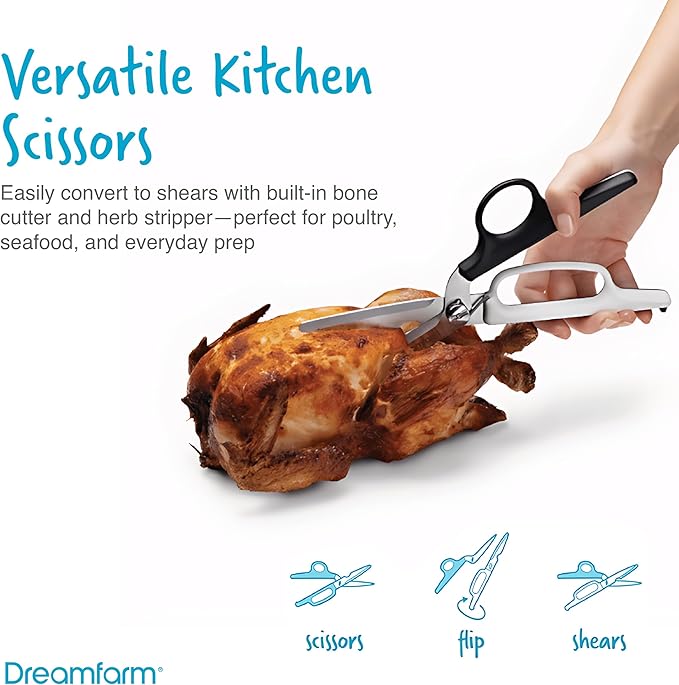 Dreamfarm Kitchen Cutting/Slicing Set – Nocutu, Bishears, Sharple – Mandoline with Flexible Finger Guard, 2‑in‑1 Scissors & Bone Cutter Herb Stripper, Self‑Sharpening Peeler – Stainless Steel Tools