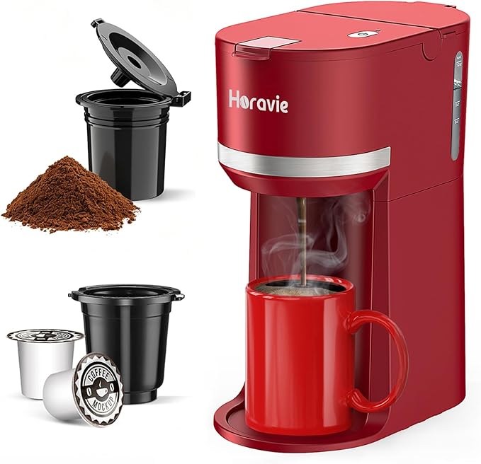 Horavie Mini Single Serve Coffee Maker for K-Cup Pod and Grounds, Fast Brew One Cup Coffee Machine with Descaling Reminder and Water Window, 6 to 12 oz. Brew Sizes, Red