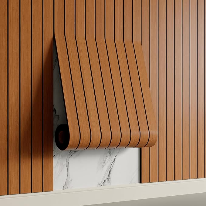 Yutianli PVC Slat Wall Panel Peel and Stick 236"x 15.7" Faux Wood Slat Panel Artificial Walnut Wood Grain Self-Adhesive Soundproof 3D Wall Panel for Walls and Ceilings