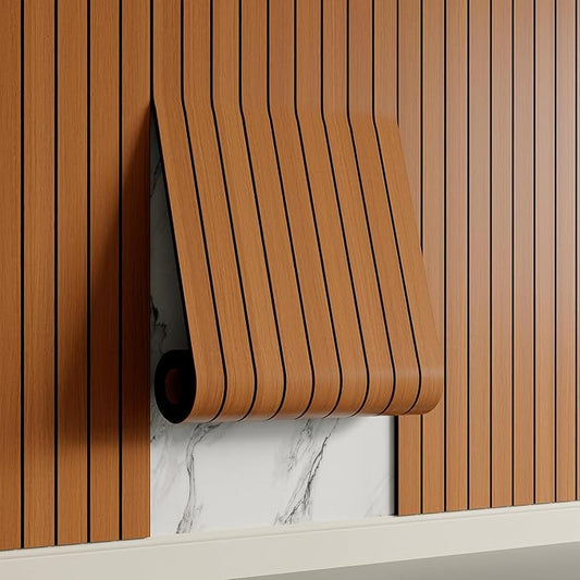 Yutianli PVC Slat Wall Panel Peel and Stick 236"x 15.7" Faux Wood Slat Panel Artificial Walnut Wood Grain Self-Adhesive Soundproof 3D Wall Panel for Walls and Ceilings