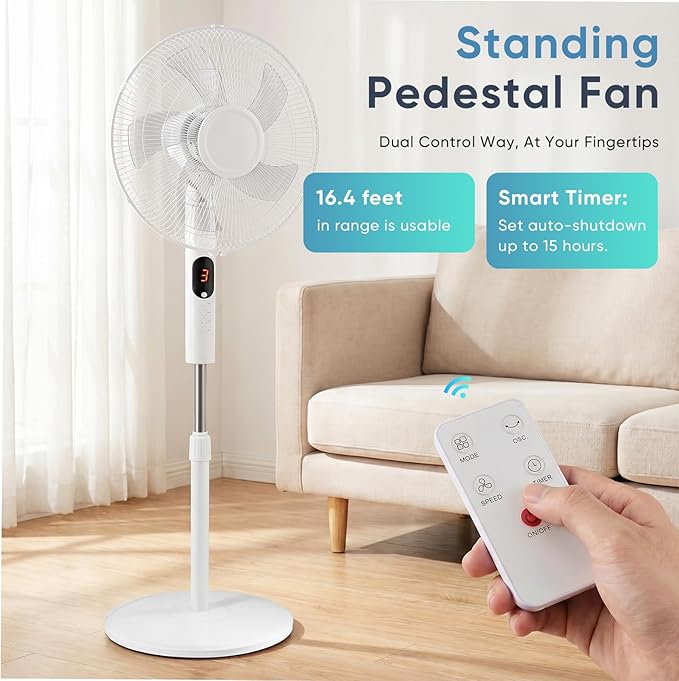 NEWBULIG 17" Pedestal Fan with Remote, 15H Auto Timer, Quiet Standing Fan for Bedroom, Living Room & Office, 3 Speeds, 3 Modes, Adjustable Height & 80° Oscillation