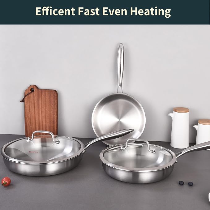 DELARLO Tri-ply Stainless Steel Frying Pan Set with Lid 8" 10" 12" | Induction Large Skillets Chef's Pan, Pots and Pans Set, Suitable for All Stove Kitchen Cookware Set
