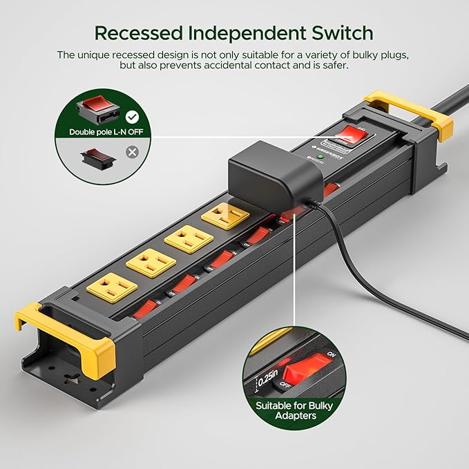 6 Outlet Heavy Duty Metal Power Strip with Individual Switches,3300J Surge Protector Mountable Power Strip,6FT Cord Management,Recessed Wide-Spaced,ETL Listed(15A/1875W)