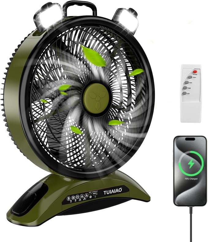 45000mAh Battery Operated Fan with Light, High Velocity Rechargeable Camping Fan, 12-Inch Portable Battery Powered Fan for Tent RV Hurricane, Quiet Use While Charging with Remote Timer, Green