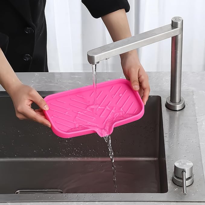 MicoYang Silicone Soap Dish with Drain Spout — Self-Draining Sink Organizer Tray for Bathroom & Kitchen, Sponges, Dispensers & Soap Holder, Non-Slip & Dishwasher Safe, Rose (Medium, 9.6"×5.3")