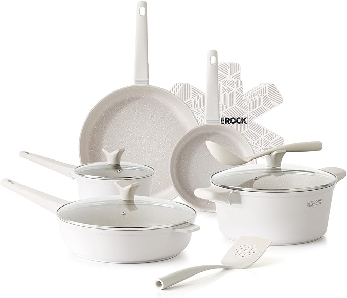 THE ROCK SOHO 15Pcs Ceramic Cookware Set – Non toxic Pots and Pans Set Non Stick with ROCK.TEC – Nothing Sticks, Never Warps, Lasts Longer, PTFE PFOA & PFAS Free, Induction & Dishwasher Safe, Cream