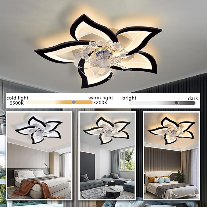 Bevenus Low Profile Ceiling Fans with Lights,27.2” Black Modern Dimmable Flower Shape Ceiling Light Fan with Remote Control/app Control,Timing 6 Gear Speeds Fan Ceiling Lamp.