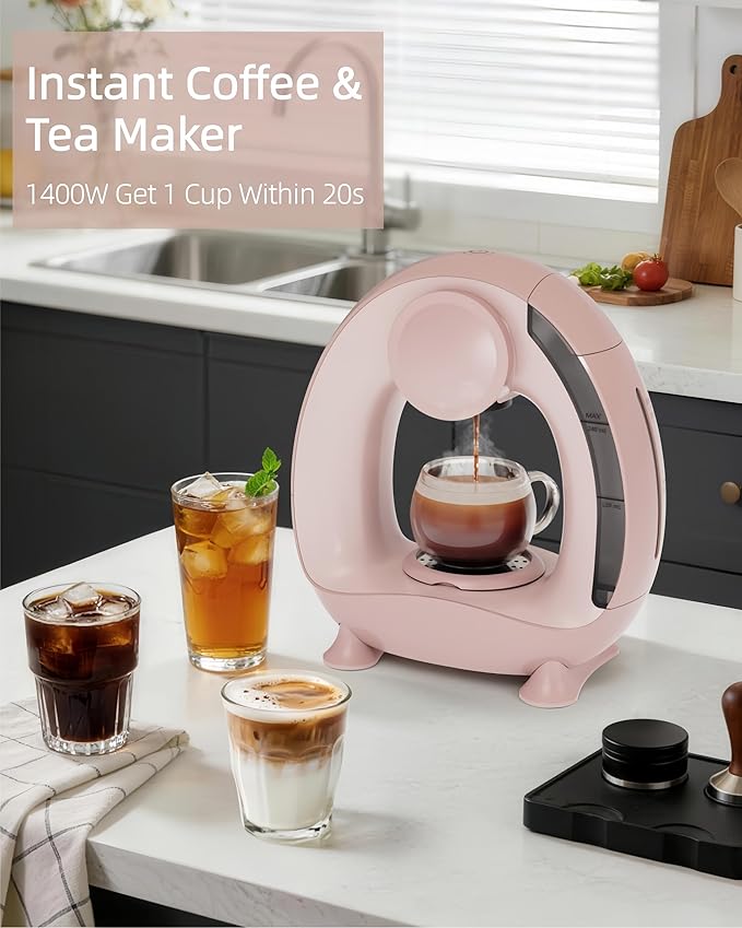 3 in 1 Single Serve Coffee Maker for K Cup Pink, Ground and Tea Leaves, Mini K Cup Coffee Brewer with One Button Operation, 1400W 20s Fast Heating,Compact for Small Spaces-Glass not included
