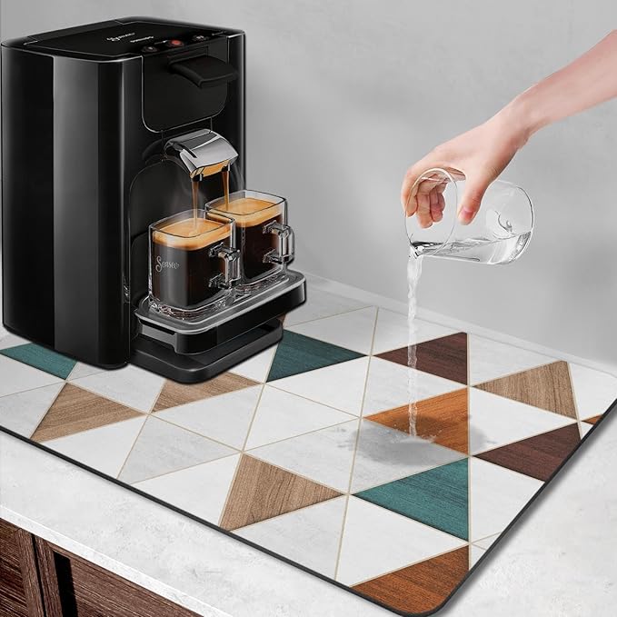 Arttown Coffee Mat for Countertops, Modern Minimalist Geometric Patchwork Brown Dish Drying Mat 2 Pcs for Kitchen Bar Accessories, Coffee Maker Espresso Machine Dish Rack Hide Stain Rubber 12x19in