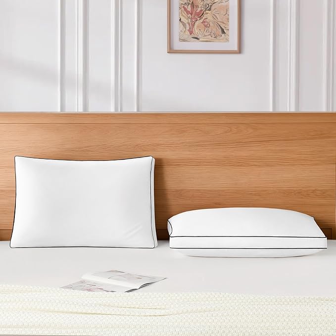 DOWNSTORIA Goose Feather Down Queen Bed Pillows 2 Pack, Luxury Hotel Collection Pillows Set of 2 with Gusset, Down Surrounded Pillow for Side and Back Sleepers, Gusseted Fluffy Pillows 20x30 in.