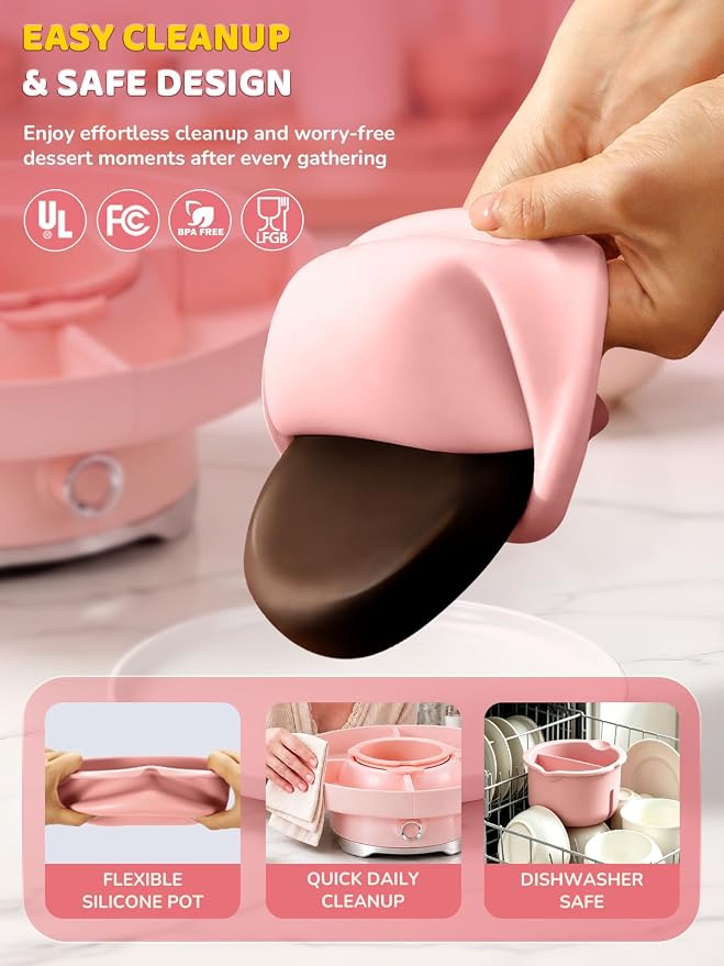 Electric Chocolate Fondue Set, 4-Cup Chocolate, Rotating Tray | Melt & Warm Modes, Dual Silicone Inserts, 6 Color-Coded Forks, Easy-Clean, Ideal for Candy Melts, Couple Family, Movie Night