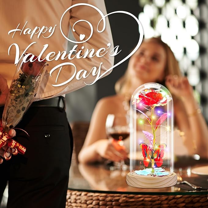 Otlonpe Preserved Forever Mothers Day Flower Gifts for Mom, Glass Rose Wood Base Colorful Light Butterfly Gifts for Women Grandma Girlfriend Wife Her, Valentines Mothers Day Christmas Birthday