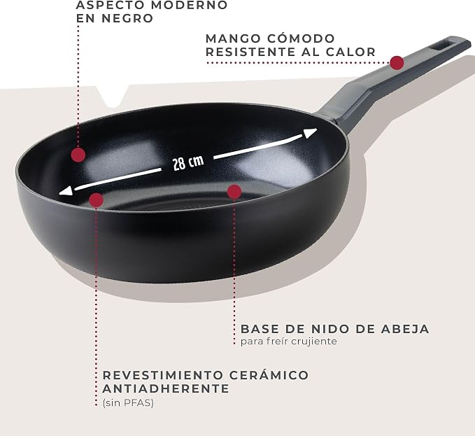 Fackelmann Statement ⌀28cm Wok Frying Pan, Recycled Aluminium, Non-Stick | PFAS Free Ceramic Coating, Honeycomb Base Structure, Comfort Grip Handle, All Stoves Including Induction, 47x28x8cm, Ash Grey