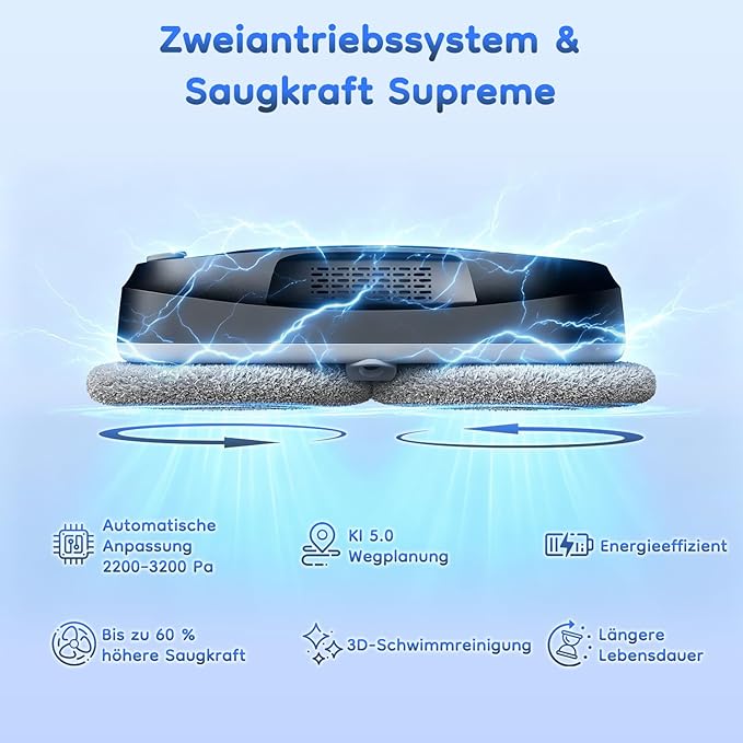 2026 Updated X2 Window Cleaning Robot - Enhanced Battery, Max 3200Pa, Path Planning, Anti-Slipping, Edge Detection, Window Cleaner Robot for High-Rise Windows, Black (2 pairs of nozzles, 10 cloths)