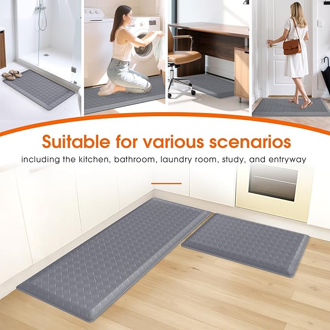 TranquilRelax 4/5 Inch Thick Anti-Fatigue Kitchen Mats 2Pcs, Cushioned Non-Slip Waterproof Sink & Stove Floor Mats, Comfortable Standing Rug Set for Kitchen, Laundry & Entryway, Grey