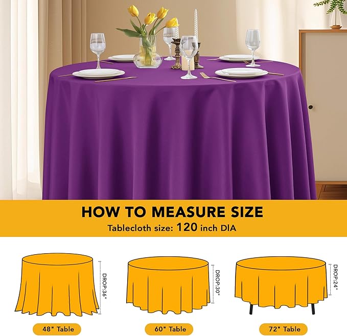 6-Pack Purple Round Tablecloths, 120 Inches, Stain-Resistant Polyester for 5-6 Ft Round Tables - Washable Table Covers for Weddings, Banquets, Birthday Parties, Events