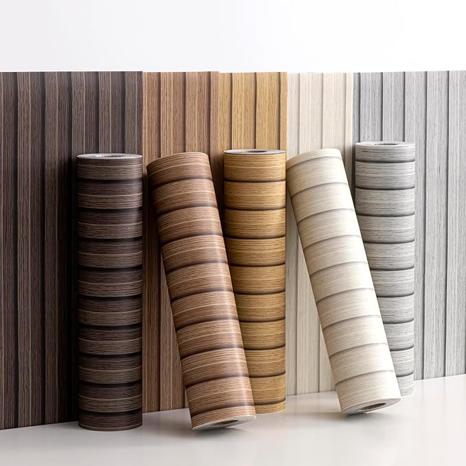 Haimin Wood Grain Slat Wall Panels Peel and Stick Faux Wood Thick Wallpaper 118"x15.75" Waterproof PET & IXPE Foam Paneling (Dark Brown)