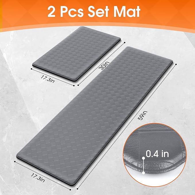 TranquilRelax Kitchen Mats, 2PCS Kitchen Rugs, Cushioned Anti Fatigue Kitchen Mats for Floor, Non-Slip Standing Desk Mat, Waterproof Kitchen Rug Set for Kitchen Floor Office,17.3"×30"+17.3"×59" Grey
