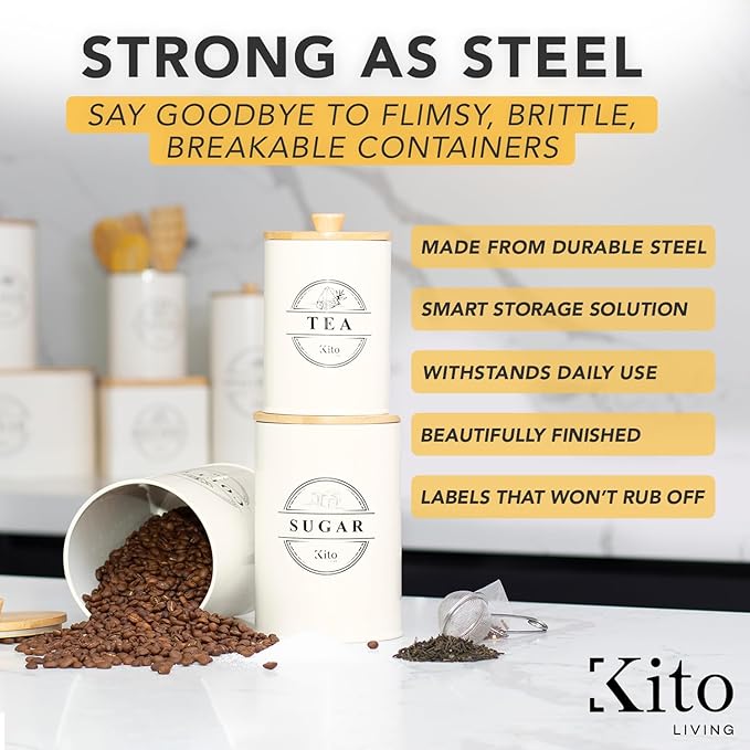 Kito LIVING Canisters Sets for Kitchen Counter Storage and Organization with Wooden Bamboo Lids, Food Pantry Containers, Stackable Steel Storage Bins, Airtight Sugar Tea Coffee Canisters - Cream