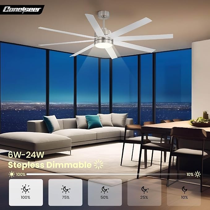 Conciseer 72 Inch Ceiling Fans with Lights and Remote for Bedroom Living Room Kitchen Library Cafe Outdoor/Industrial Use, 3CCT Dimmable, 8 Blades 6 Speed Reversible Quiet DC Motor, Sand-nickel/White