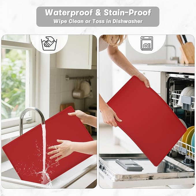 Rnivvi Silicone Coffee Mat, 16" x 24" Waterproof Raised Edge Coffee Bar Mats for Espresso Machine Station Accessories, Heat Resistant Dish Drying Pad for Kitchen Counter, Rubber Bar Decor Pad, Red