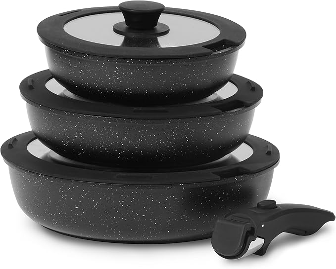 ESLITE LIFE Nonstick Ceramic Frying Pans Skillets Set with Lids & Detachable Handle, Non-Toxic Egg Omelette Kitchen Cooking Pans Compatible with All Stovetops, PTFE & PFOA Free, Black, 7-Piece