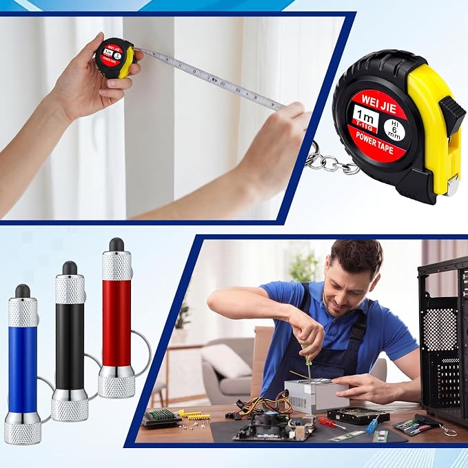 Jutom 108 Pcs Mini Tape Measure Keychain Screwdriver LED Light Keychain Bulk Men Adult Tool Party Gifts Prize for Man Father's Day Housewarming Gifts Adult Useful Tool Favors (Blue,Black,Red)