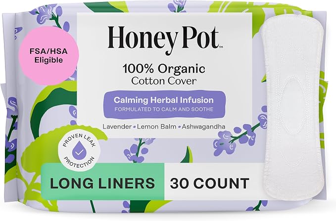 The Honey Pot Company - Calming - Long Panty Liners for Women | 100% Organic Cotton Cover - Calming Herbs of Lavender, Ashwagandha, & Lemon Balm - Feminine Care - 30ct