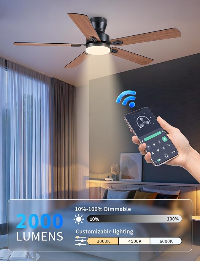 Ceiling Fans with Lights, 52'' Low Profile Ceiling Fan with Light and Remote/APP Control, Modern Flush Mount Ceiling Fan for Indoor Bedroom Living Room, Dimmable, Qiuet DC Motor, Brown