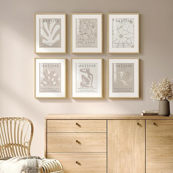 Framed Neutral Abstract Wall Art, 6 Piece Modern Matisse Prints Artwork for Walls, Minimalist Beige Matisse Pictures for Living Room, Bedroom, Dining Room, Lounge, Bathroom Wall Decor 11x14 In
