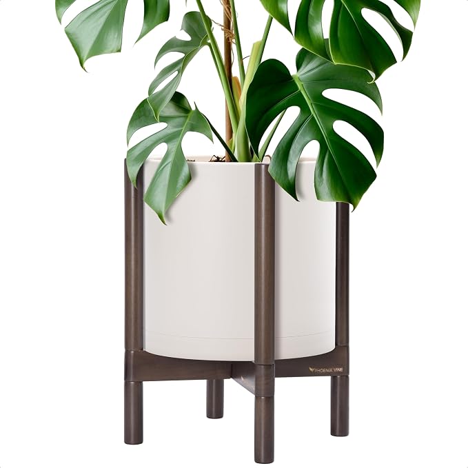 D'vine Dev Plastic Pot with Walnut Wood Stand, Oatmeal, 12 in, 55-C-O-4 | Mid-Century Inspired Design, Elevated Plant Display, Clean Lines, Sturdy Support, Modern Space-Saving Style