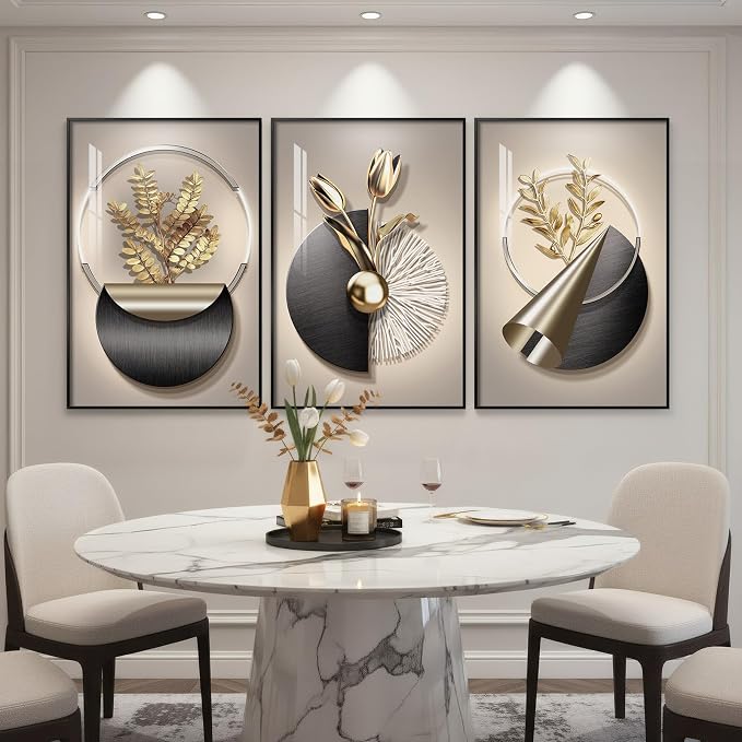 Large Framed Modern Elegant Wall Art for Living Room, 3 Piece Black and Gold Bright Luxury Prints Paintings, Contemporary Elegant Flower and Geometric Pictures for Bedroom Entryway Wall Decor 24x36 In