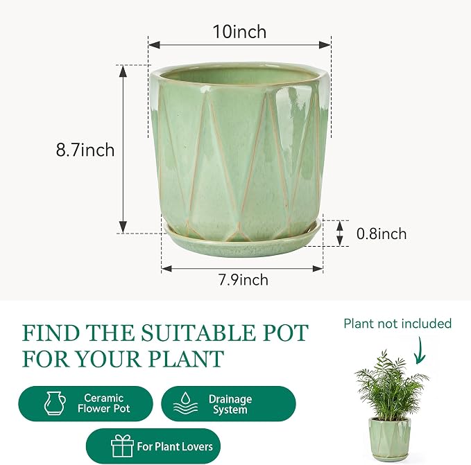 10 Inch Ceramic Plant Pot with Drainage Hole Mesh Net, Large Flower Pots for Indoor Plants with Saucer, Gardening Pots Outdoor (Crackle-Green)