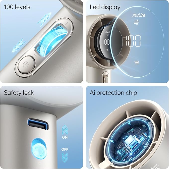 JISULIFE Portable Fan Pro1S 2026, 40Hrs Max Cooling Personal Handheld Fan with LED Display,Metal Shell,9700RPM Powerful,5000mAh battery,Travel Essentials Gifts for Women, Men-Light Brown