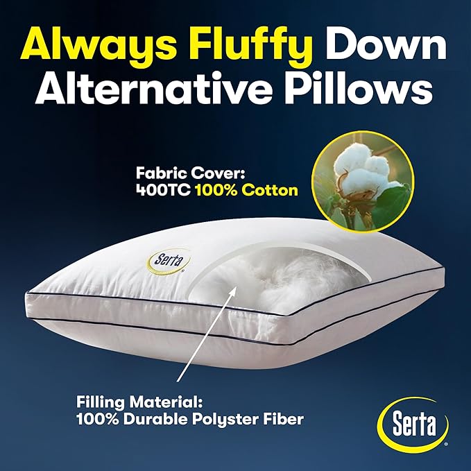 Serta Hotel Collection Bed Pillows Queen/Standard Size Set of 2, 400 Thread Count 100% Cotton Cover, Medium Soft, Support Gusseted Down Alternative Pillow for Back, Stomach or Side Sleepers, 18" x 26"