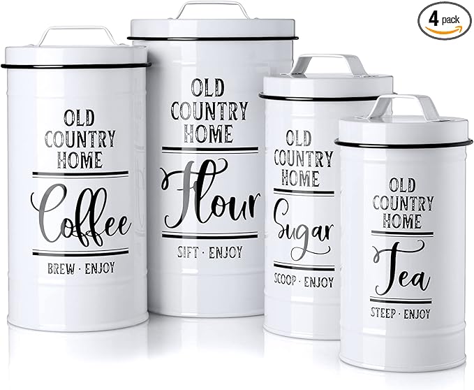 DAYYET Canisters Sets for the Kitchen, Airtight Kitchen Canisters for Countertop, Flour and Sugar Containers, Tea Coffee Sugar Canister Set, Coffee Bar Decor and Accessories, Set of 4, White