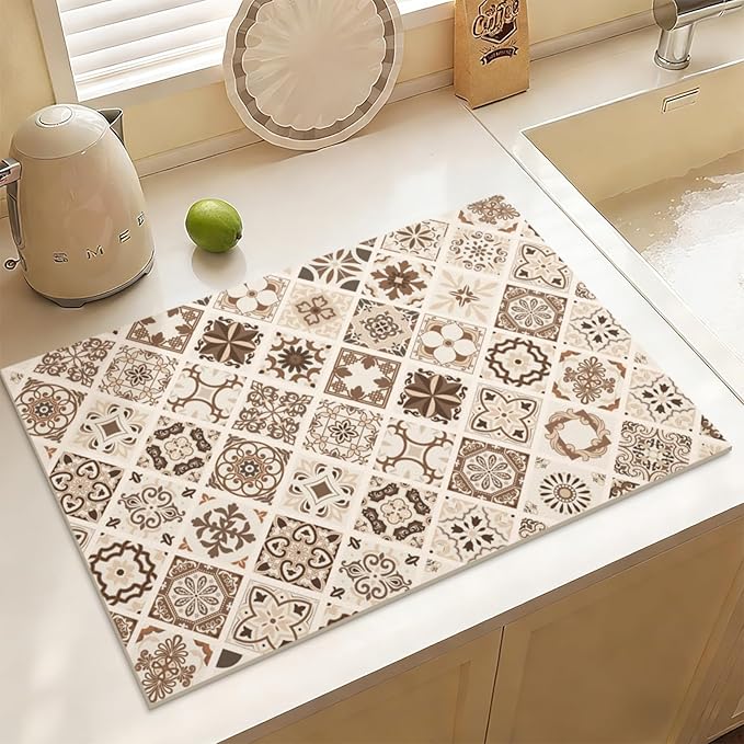 Absorbent Holiday Plate Drainer Pad Boho Coffee Bar Mats for Counter Top Non-slip Gift for Kitchen Decor (Elegant Mosaic A)