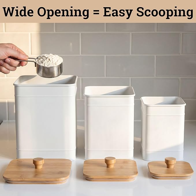 Kitchen Canisters for Countertop Set of 3 with Customizable Chalkboard Labels & Marker Pen - Big Iron Kitchen Canisters with Airtight Lids - White Canister Set - Flour and Sugar Containers Farmhouse