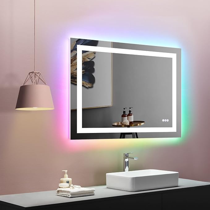 LOAAO 40"X32" RGB LED Bathroom Mirror with Lights, Anti-Fog, Dimmable, Lighted Bathroom Vanity Mirror, Multiple Light Modes, RGB Backlit + Front Light, Memory Function, Tempered Glass, ETL Listed