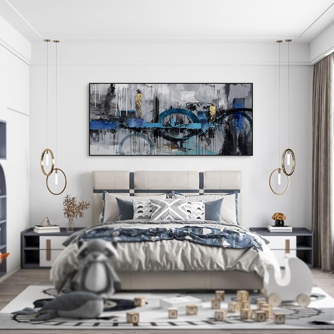 Abstract Wall Art for Living Room Bedroom Above the Sofa Picture Artwork | Extra-Large Size 70x31 Inches Made of Canvas with a Black Frame This Blue-Gray-Gold Piece Offers Minimalist Luxury Wall Decor
