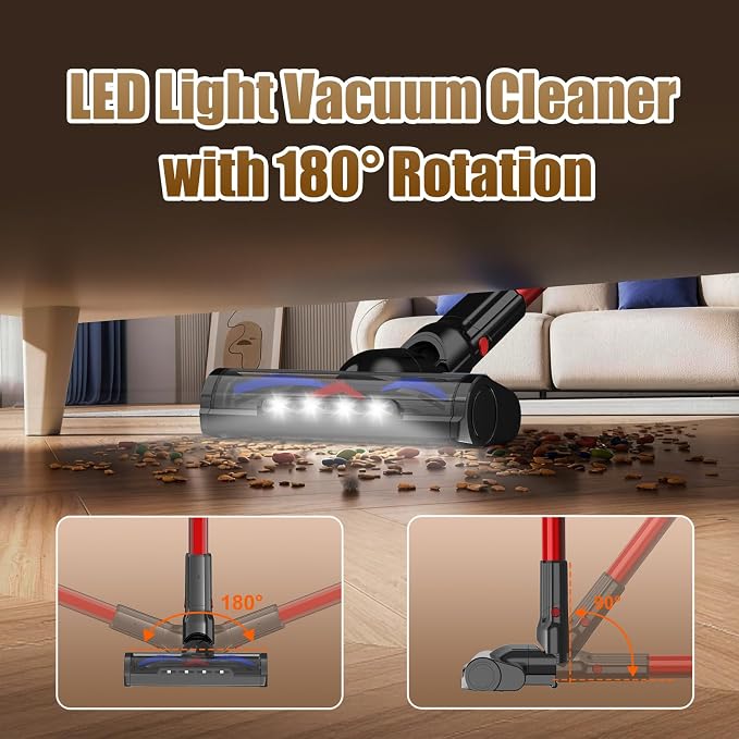 Cordless Vacuum Cleaner for Home Lightweight Anti-Tangle Brush | 500W Powerful Suction, 3 Suction Modes, Touch Screen, LED Light, Stick Vacuum for Home Pet Hair Floors Car Carpets Dorm