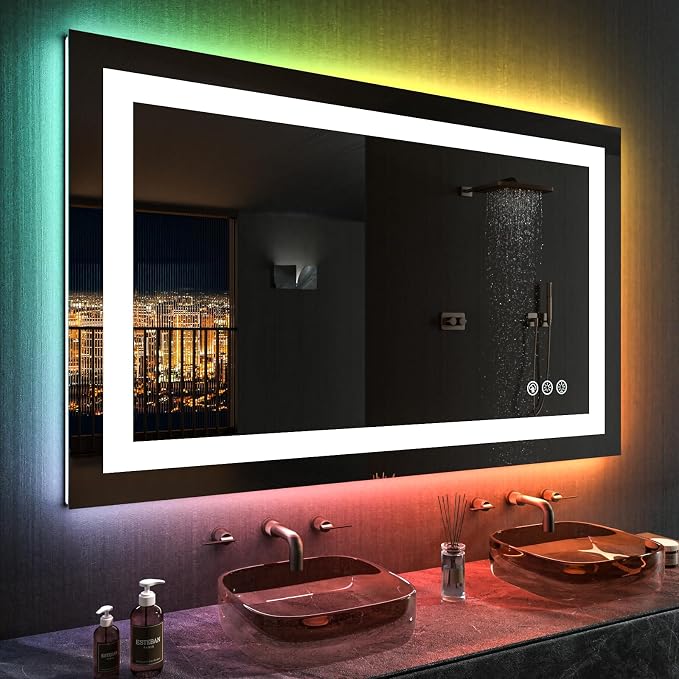 LOAAO 48"X28" LED Bathroom Mirror with Lights, Anti-Fog, Dimmable, RGB Backlit + Front Lighted, Bathroom Vanity Mirror for Wall, Memory Function, Tempered Glass, ETL Listed